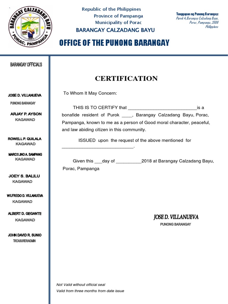 Barangay Certification Loan Water Electric Meter PDF