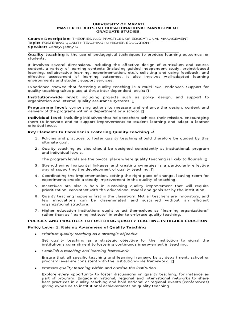 Fostering Quality Teaching in Higher Ed | PDF | Teachers | Leadership