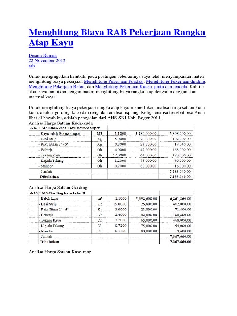 Menghitung Biaya RAB Pekerjaan Rangka Atap Kayu PDF