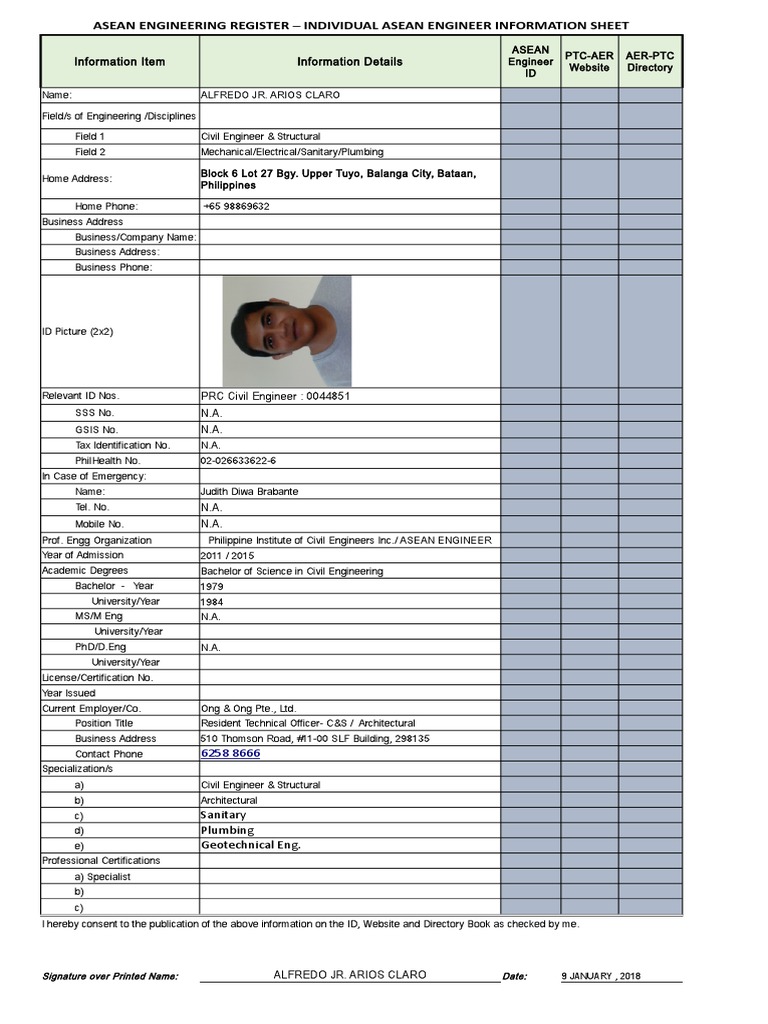 ASEAN Engineer Information Sheet | PDF | Engineer | Civil Engineering
