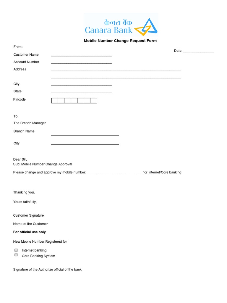 canara bank mobile number change application form canara bank mobile number change application form