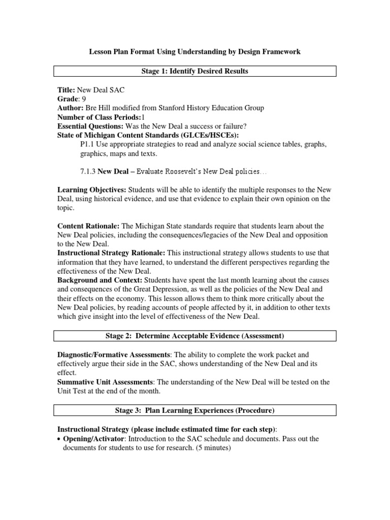 New Deal Sac Formal Lesson Plan | PDF | New Deal | Franklin D. Roosevelt