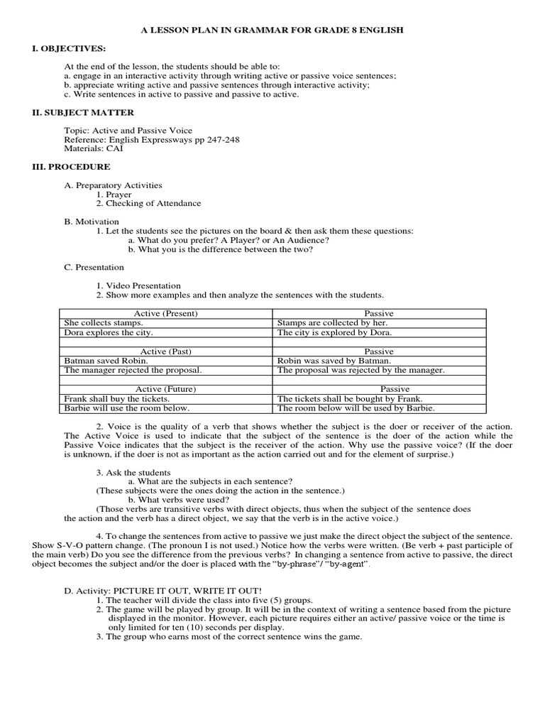 A Lesson Plan in Grammar For Grade 8 English | PDF | Verb | Subject ...