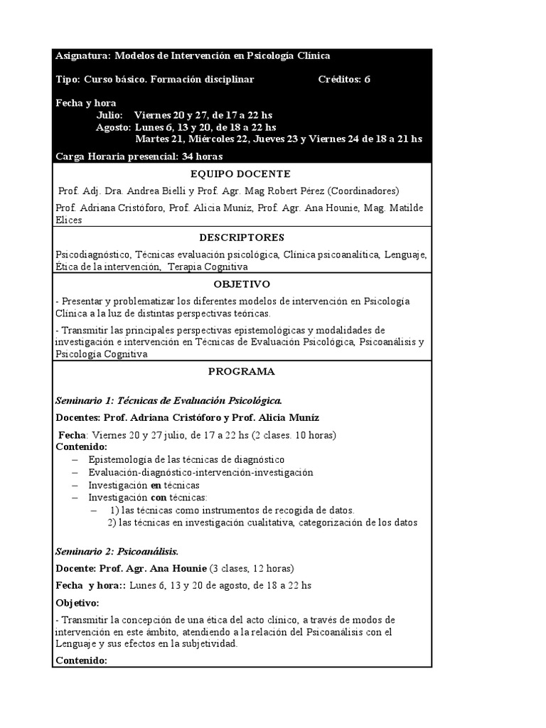 Ficha Modelos Intervencion Psicologica-1 | PDF | Psicoterapia | Terapia  cognitiva