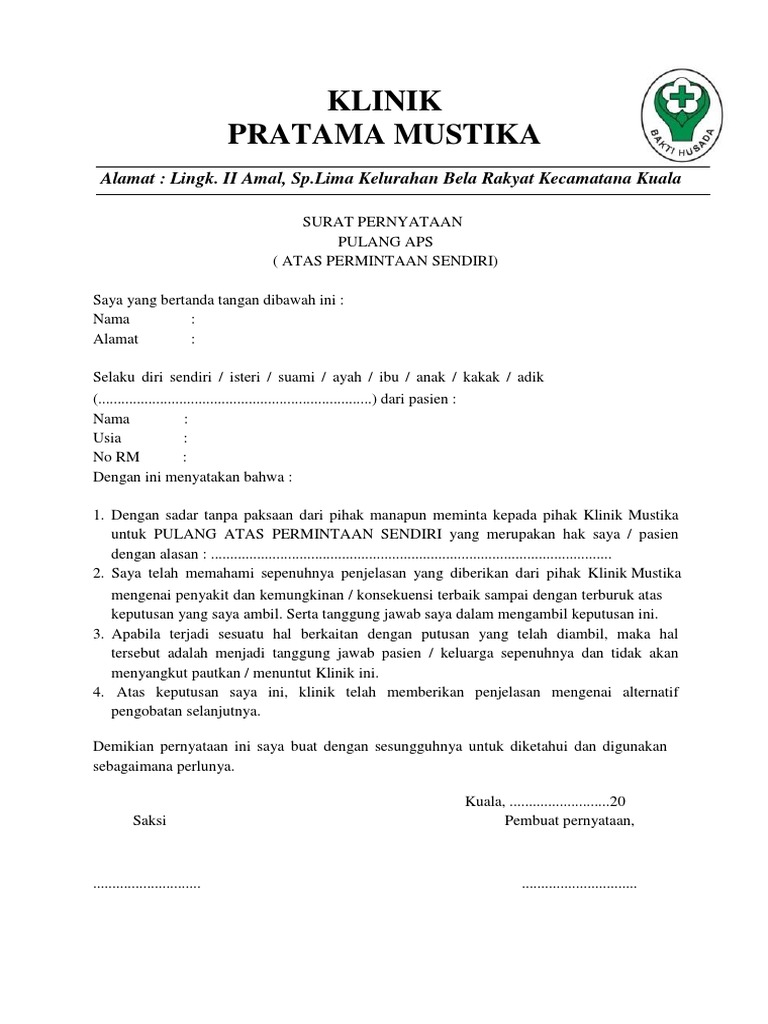 Surat Pernyataan Pulang APS Klinik | PDF | Hukum
