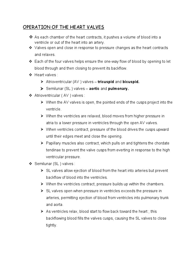 Operation of The Heart Valves | PDF | Heart Valve | Ventricle (Heart)