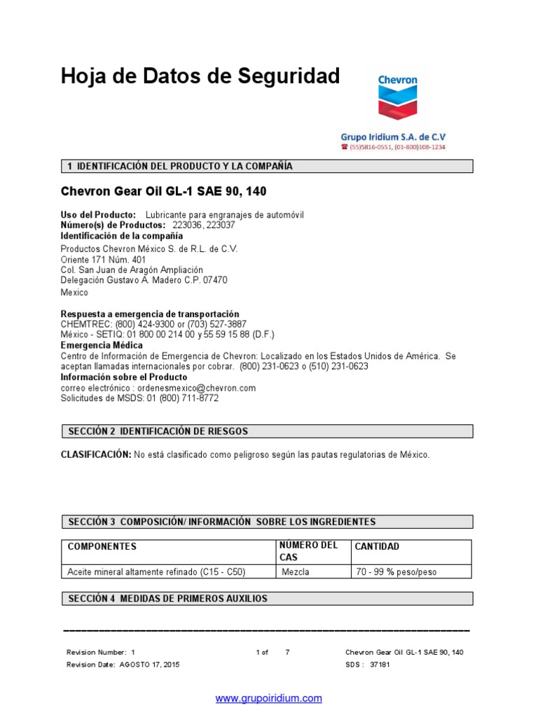 Chevron Gear Oil GL 1 Sae 90, 140 Sds PDF PDF Toxicidad Dióxido