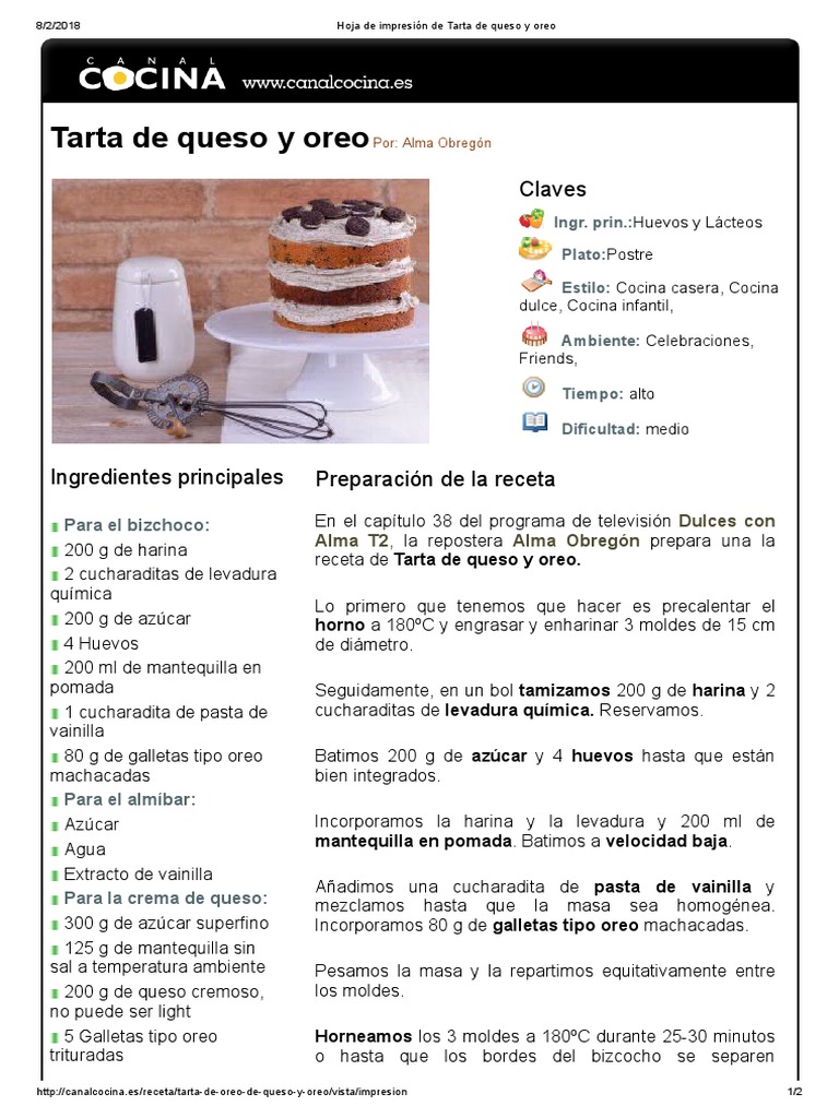 Hoja de Impresión de Tarta de Queso y Oreo | PDF | Tarta de queso | Postres