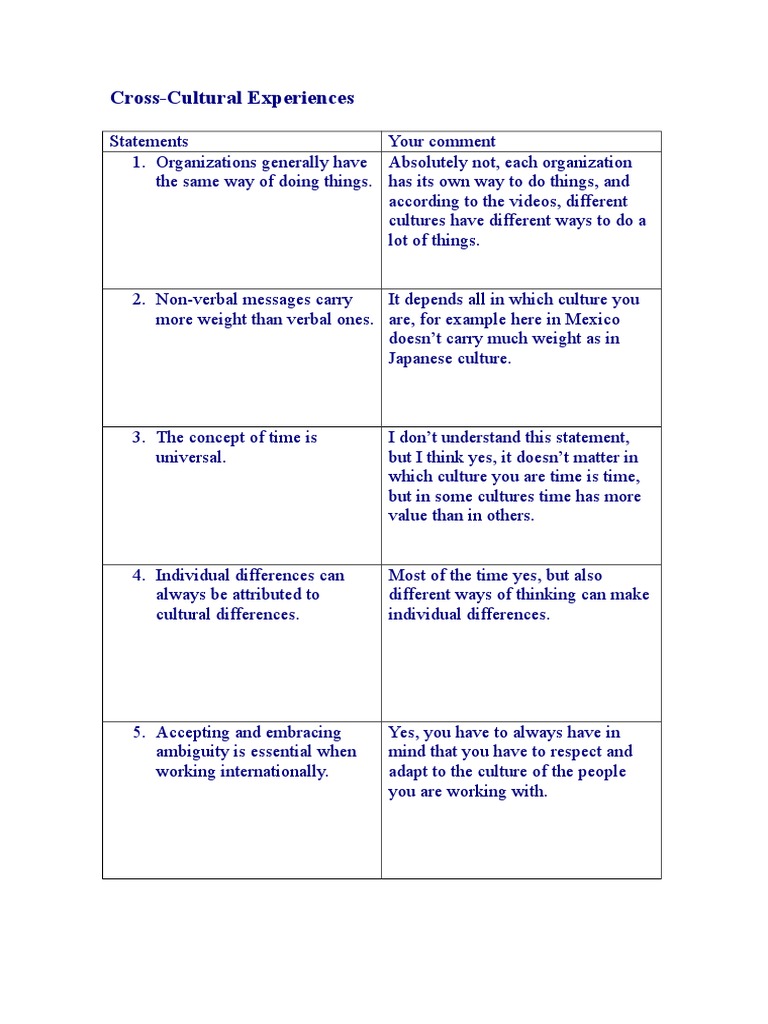 Cross Cultural Experiences | PDF
