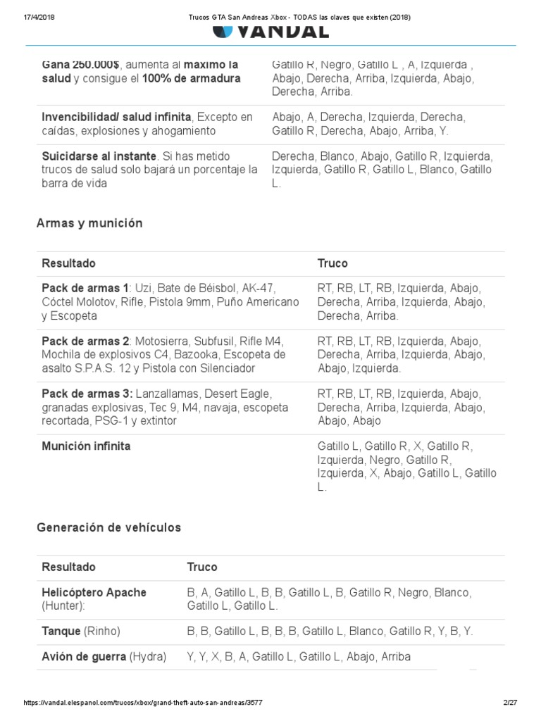 Trucos GTA San Andreas Xbox ToDAS Las Claves Que Existen (2018) PDF Ocio Deportes