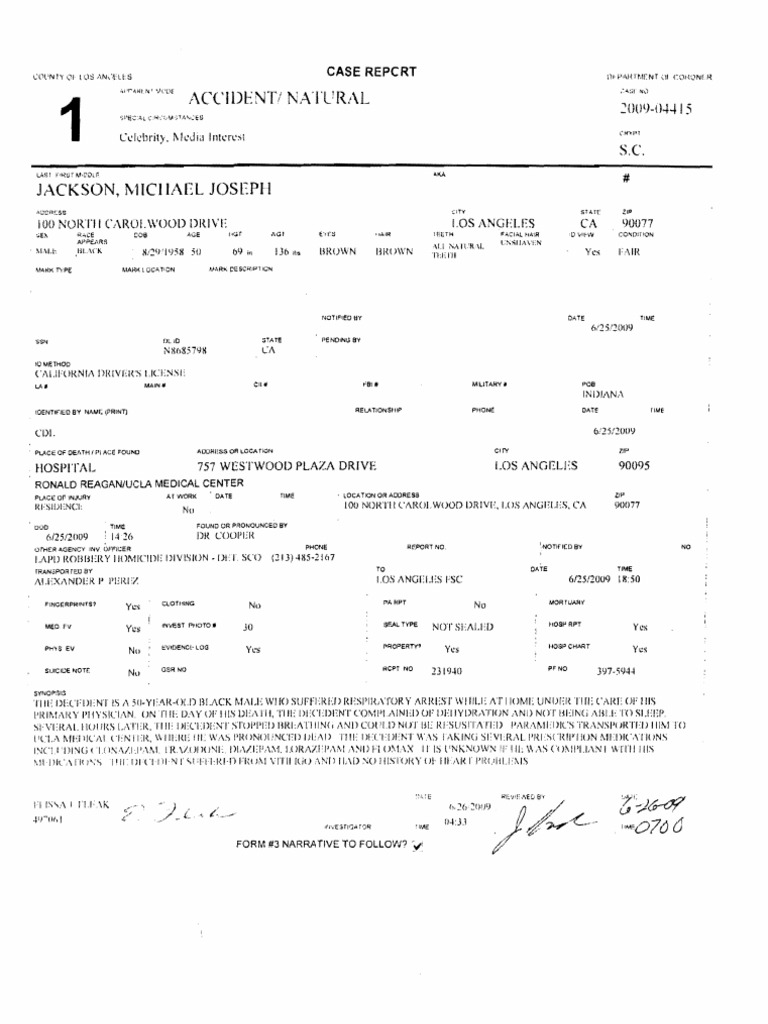 Michael Jackson Autopsy Report Los Angeles Police