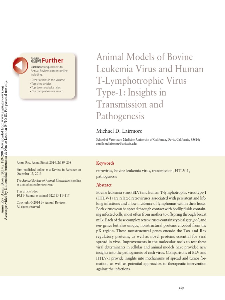 Animal Models of Bovine Leukemia Virus and Human T-Lymphotrophic Virus ... - Leukemia Virus Agent Animal Phylum Virusco By
