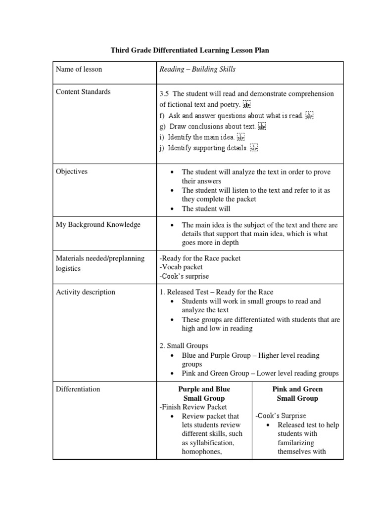Third Grade Differentiated Lesson Plan | PDF | Reading Comprehension ...