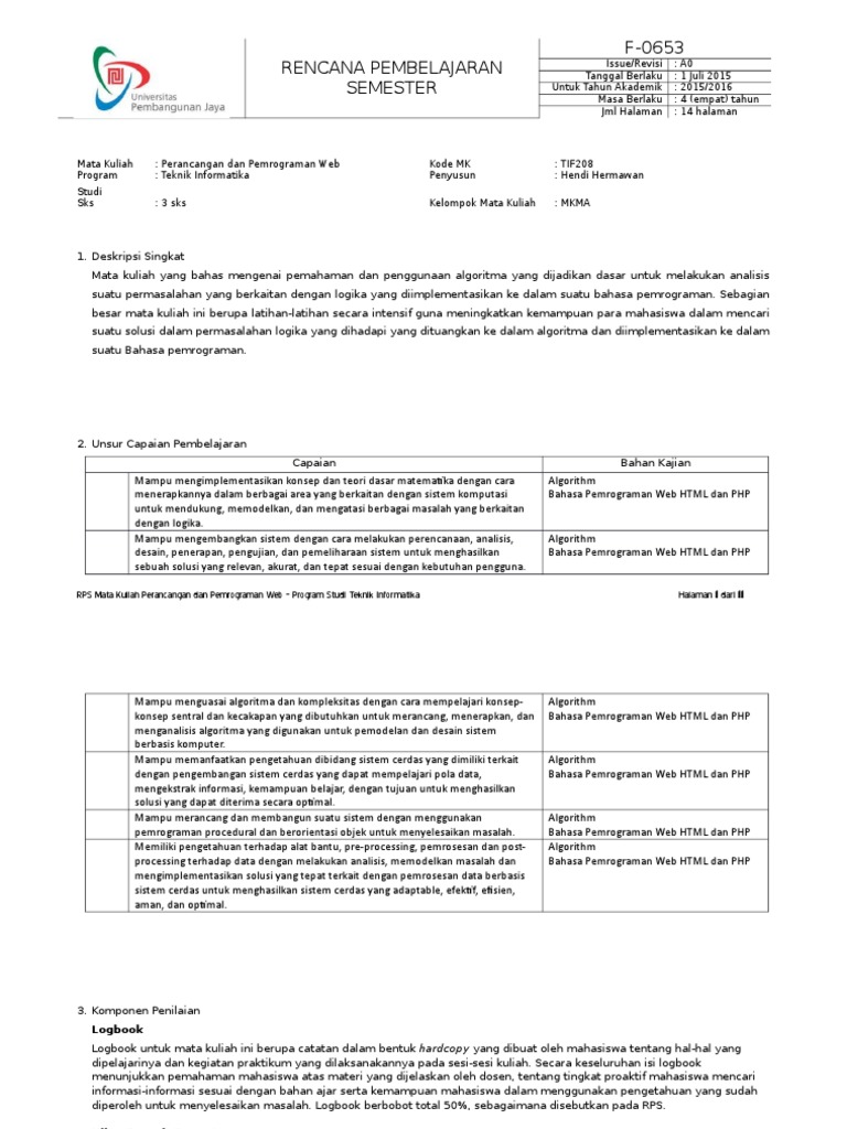 Rps Inf205 Rps Desain Dan Perancangan Web Pdf