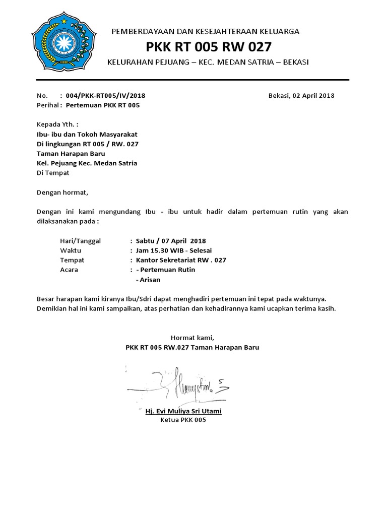 Contoh Undangan Pkk Rt - Letter Template