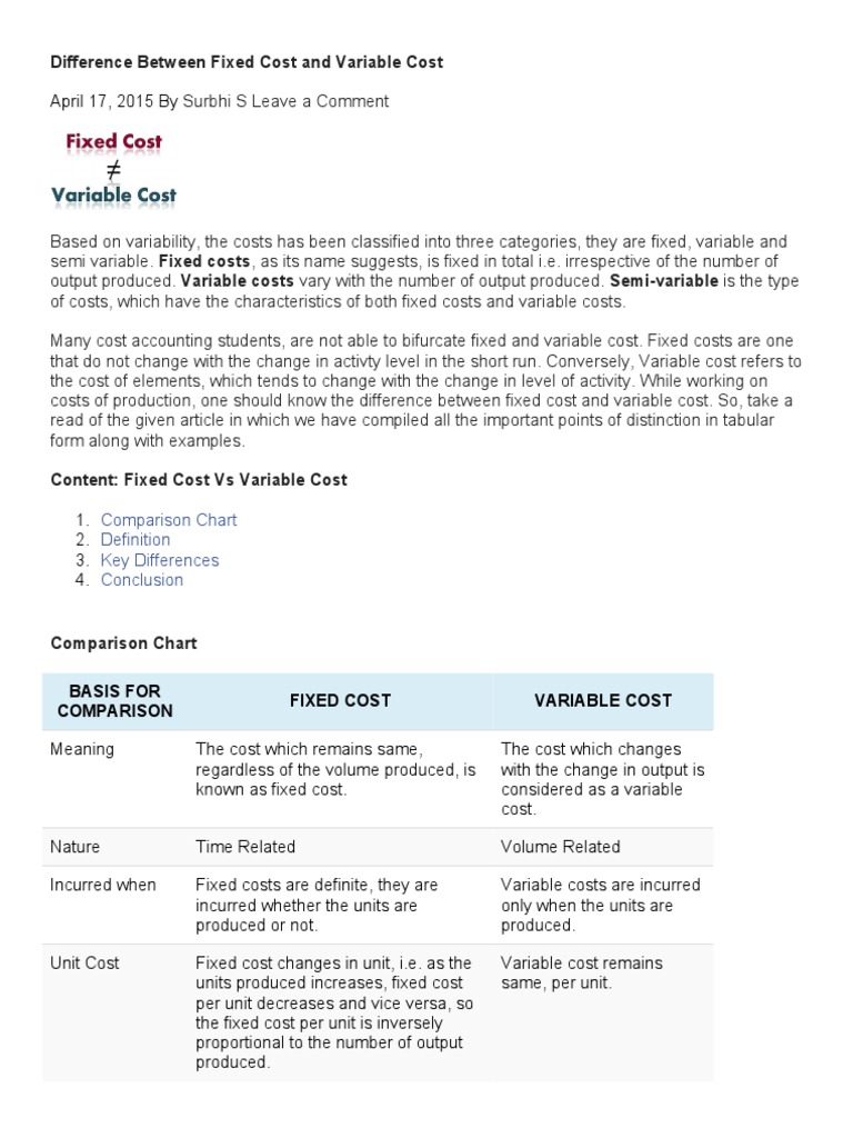 Difference Between Fixed Cost and Variable Cost PDF Cost Business