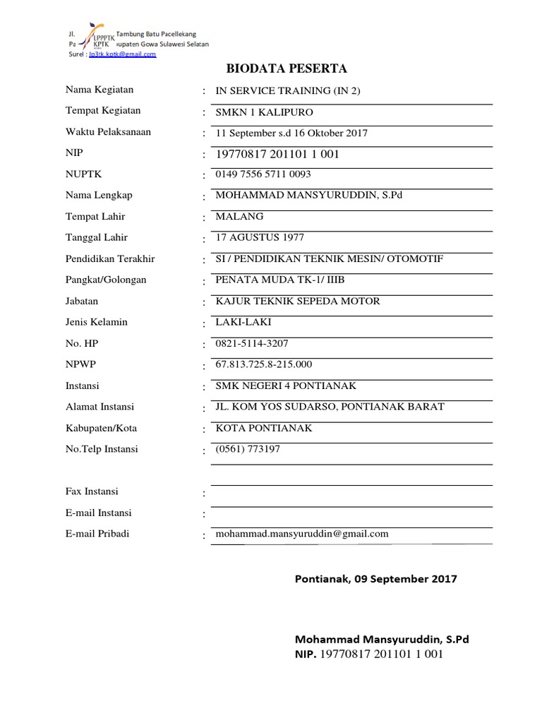 Contoh Biodata Peserta - SuratMenyurat.net