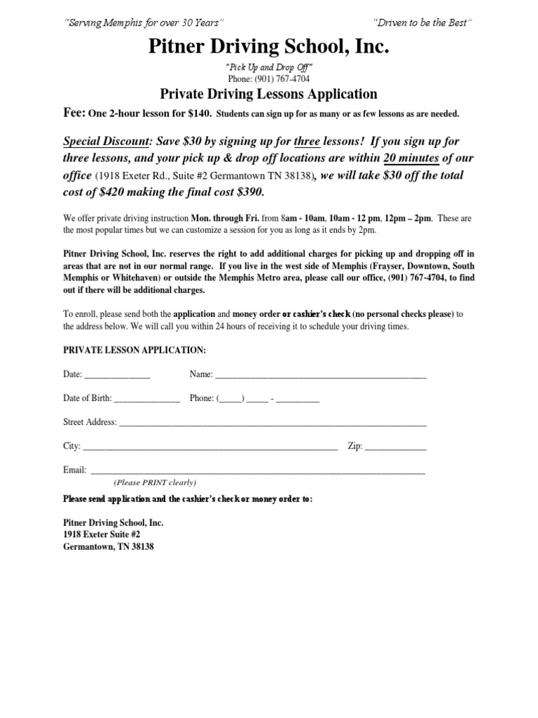 Pitner Driving School, Inc. Private Driving Lessons Application PDF
