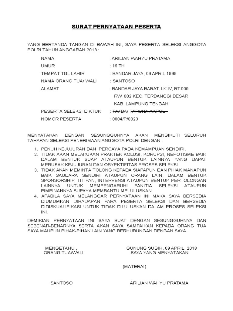 Surat Pernyataan Peserta Seleksi (Anti KKN)  PDF