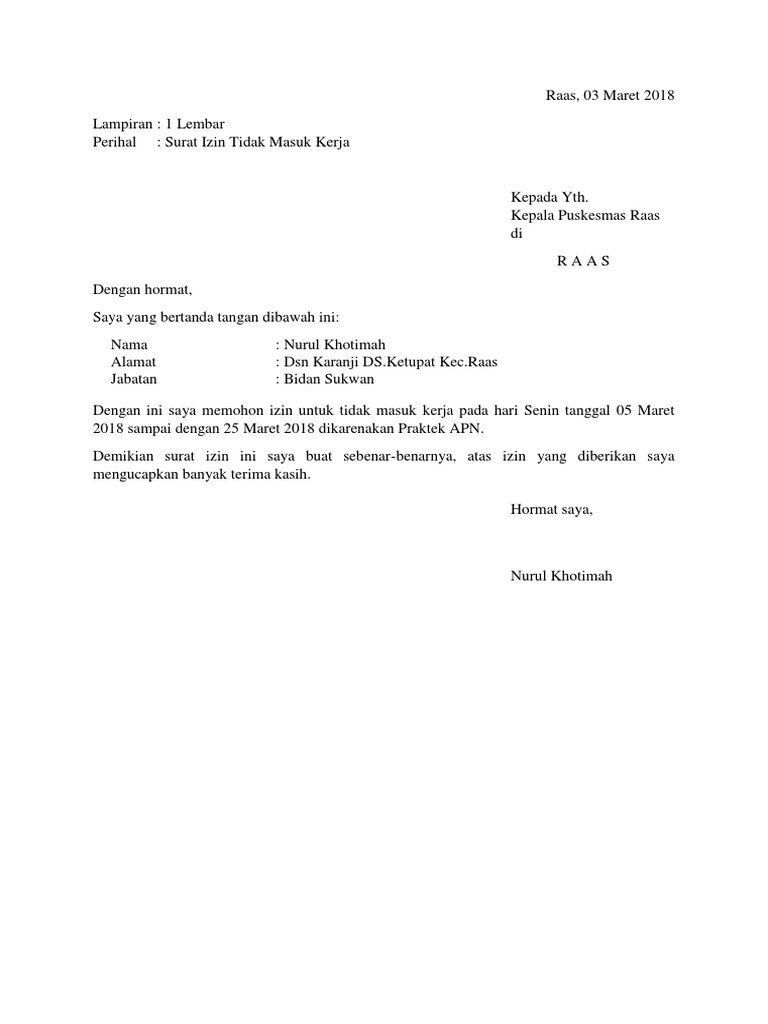 Contoh Surat Izin Tidak Masuk Kerja