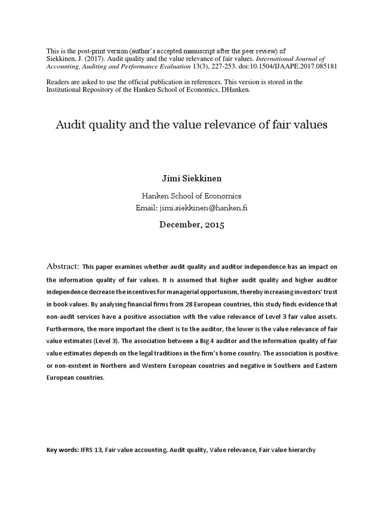 Audit Quality and The Value Relevance of Fair Values | PDF | Fair Value ...