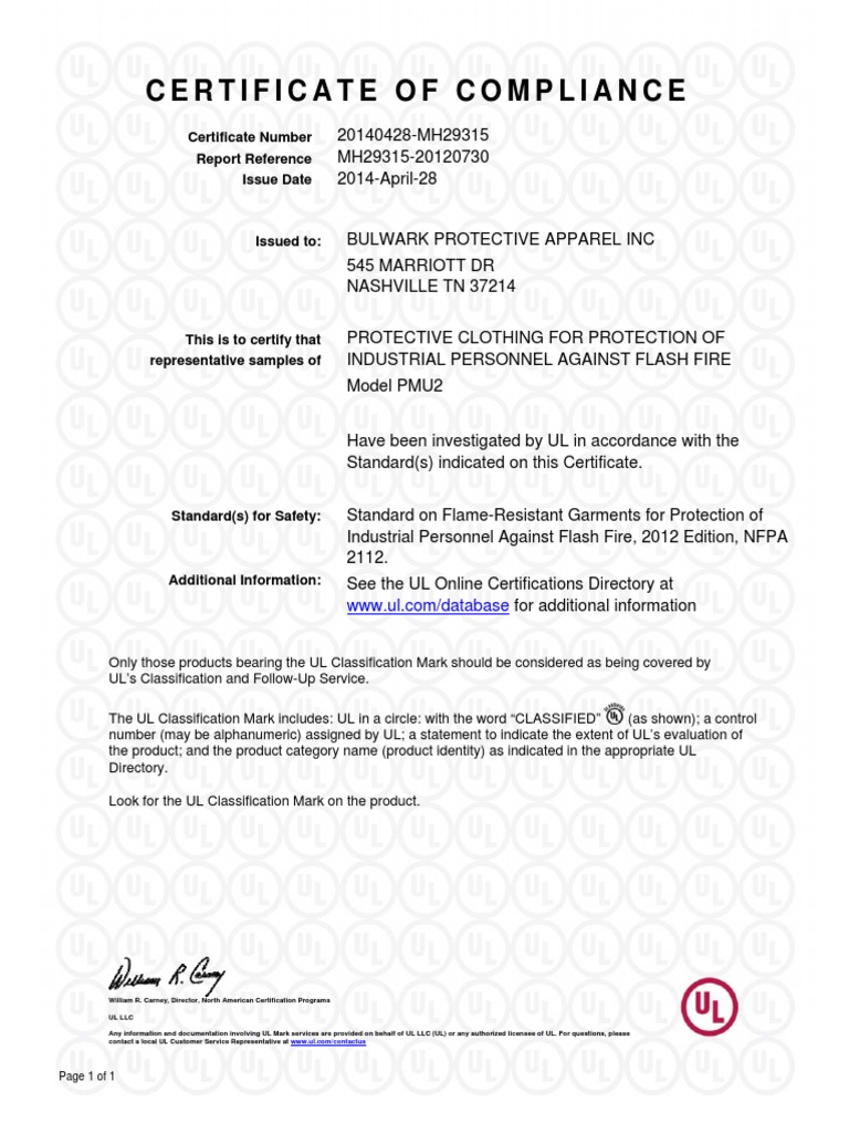 Certificate of Compliance for Protective Clothing Model PMU2 Issued to