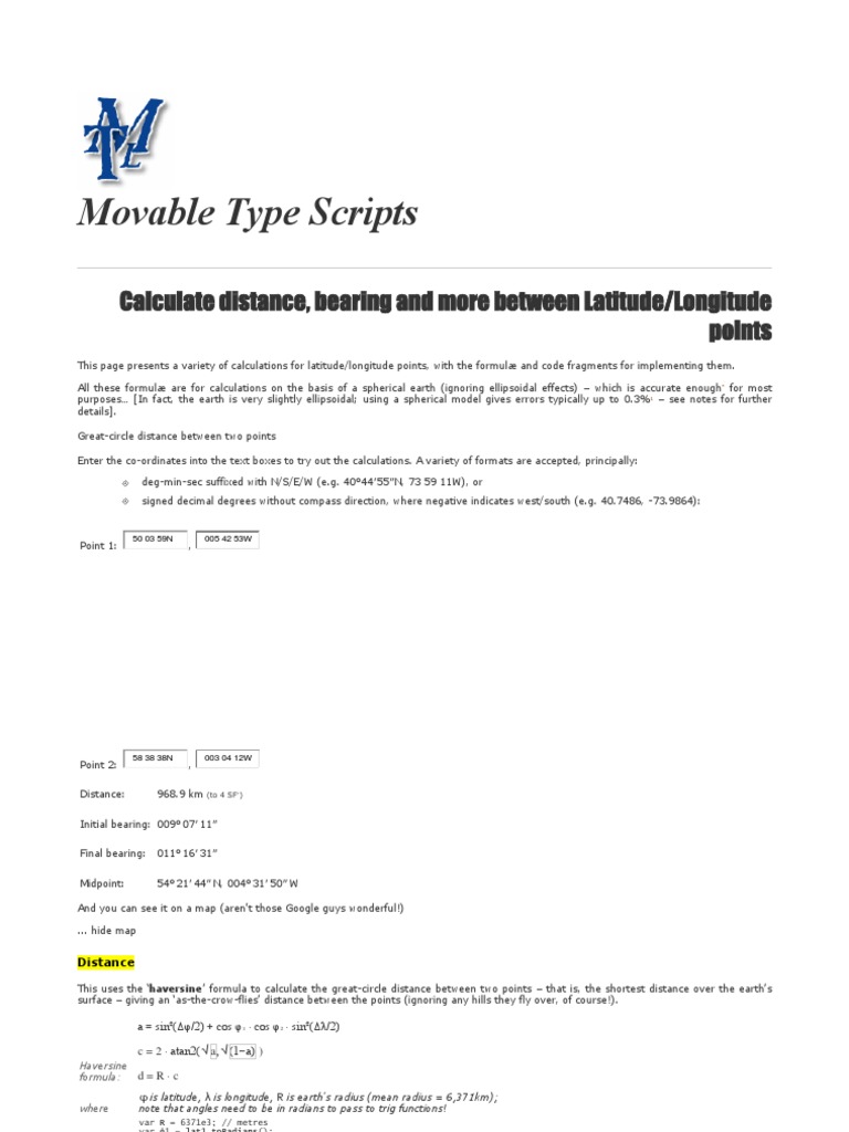 Calculate Distance and Bearing Between Latitude Longitude Points