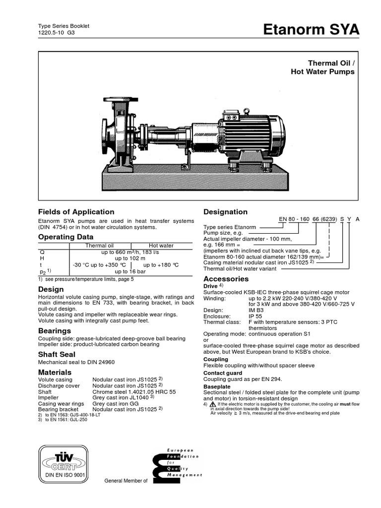KSB Etanorm SYA Type Series Booklet Bearing (Mechanical) Pump
