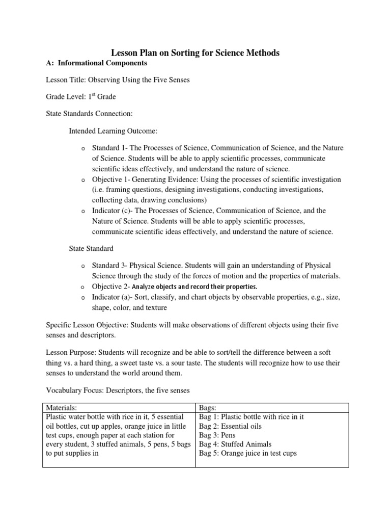 Five Senses Observation Lesson Plan | PDF | Lesson Plan | Observation