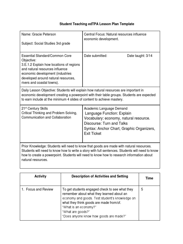Student Teaching Edtpa Lesson Plan Template Download Free PDF