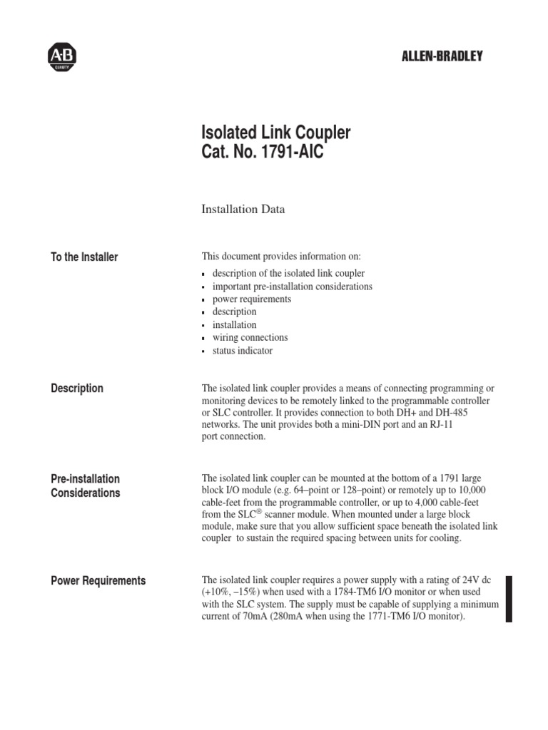 Isolated Link Coupler Cat. No. 1791-AIC: Installation Data | PDF ...