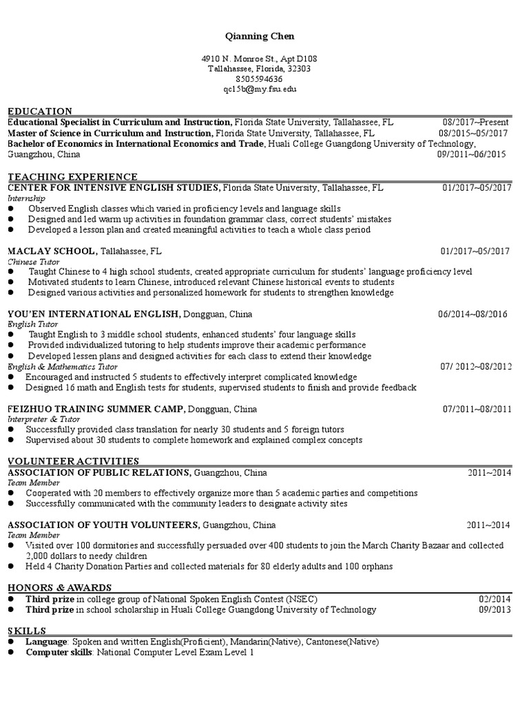 Chen Cv Download Free Pdf Tutor China