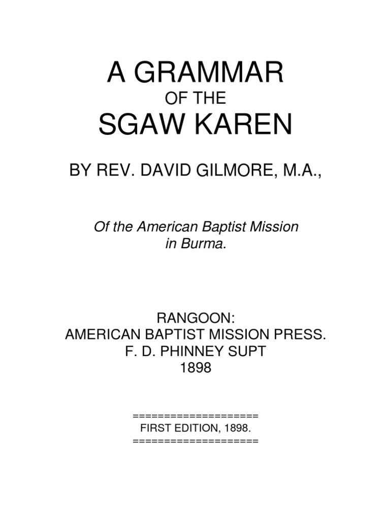 A Grammar of The Sgaw Karen PDF Part Of Speech Grammatical Gender