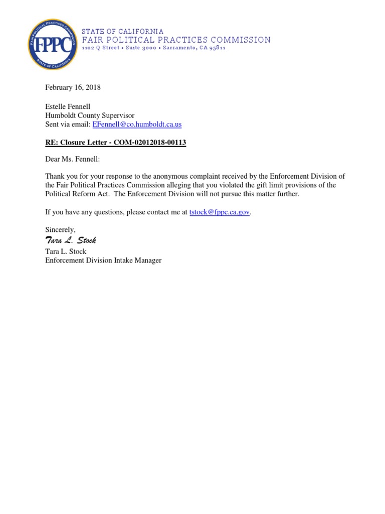 FPPC Letter To Fennell | PDF | Politics