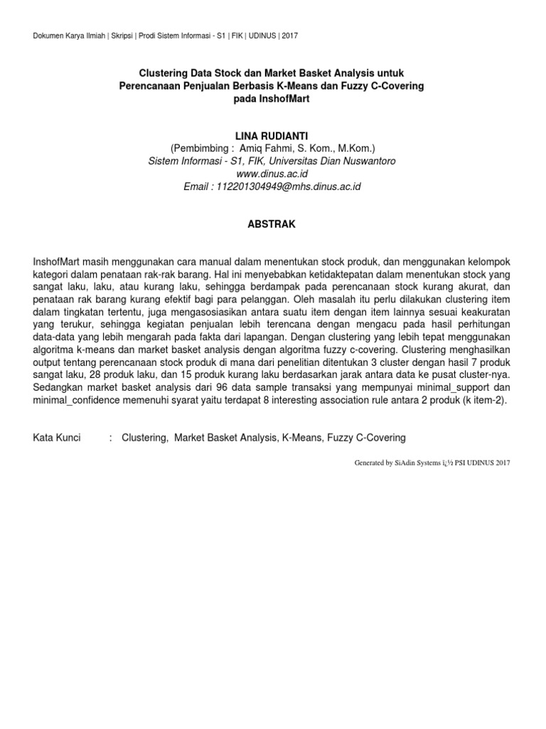 Clustering Data Stock Dan Market Basket Analysis Untuk Perencanaan