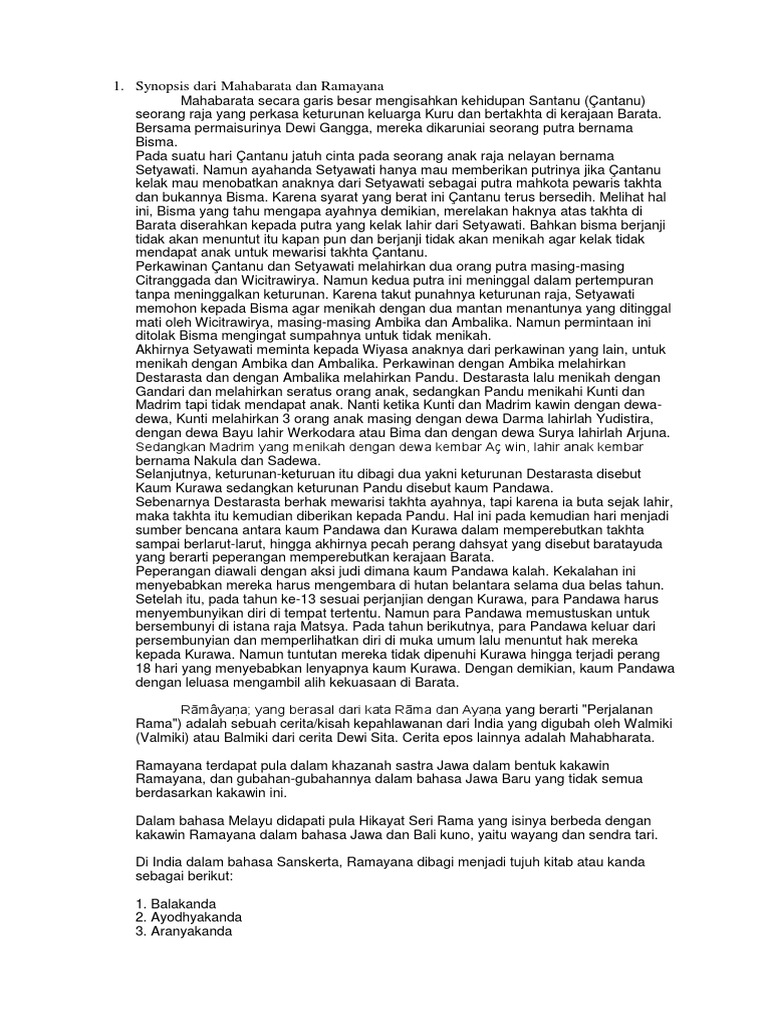 1. Synopsis dari Mahabarata dan Ramayana