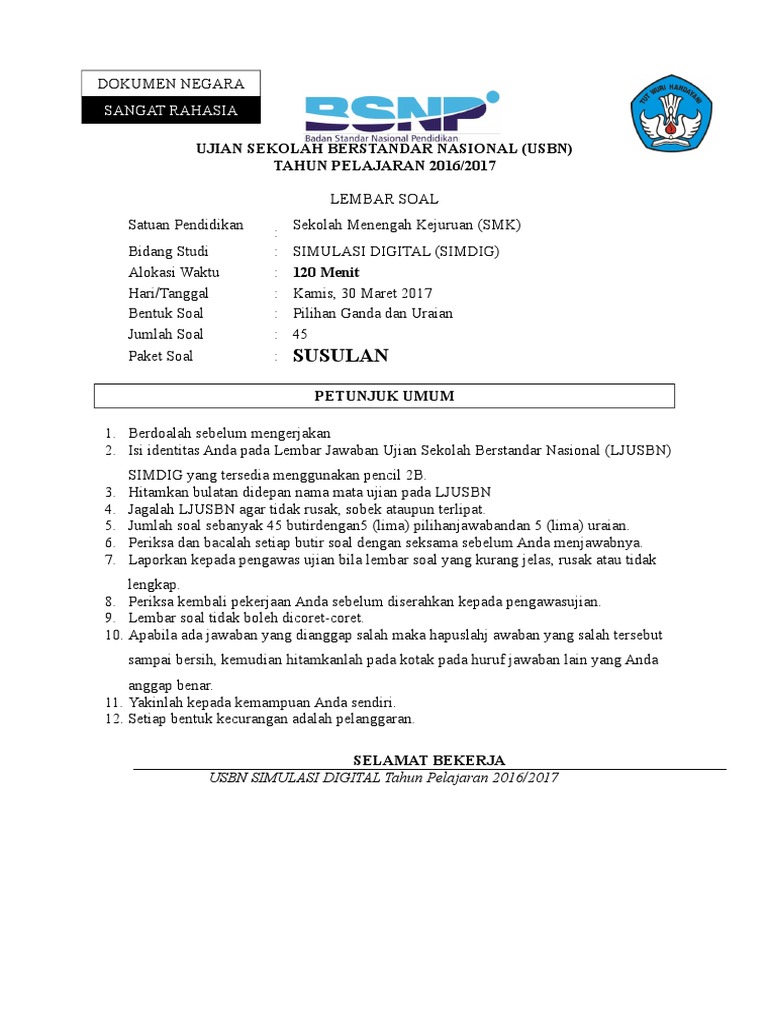 Soal Usbn Simdig Smk 2017 Sekolah Siswa