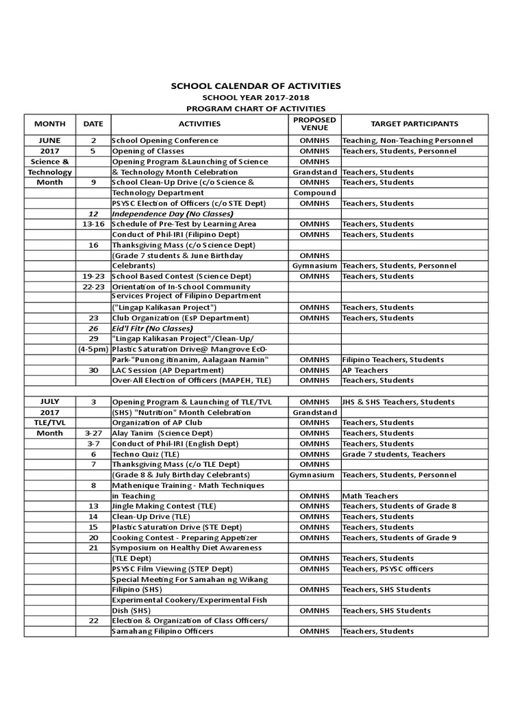 School Calendar of Activities 20172018 PDF Teachers Schools