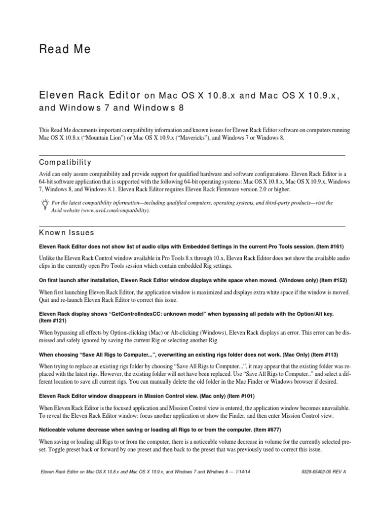 Eleven Rack Editor Read Me PDF Os X Mountain Lion Mac Os