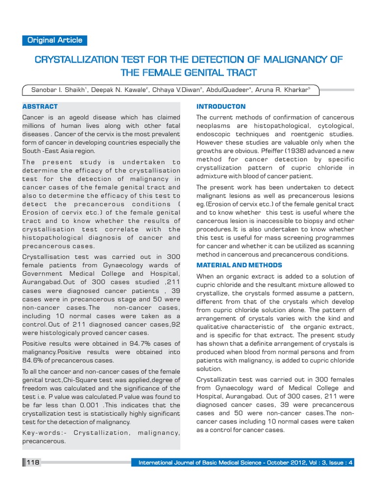 Crystallization Test for Female Cancer Detection | PDF | Uterus | Cancer