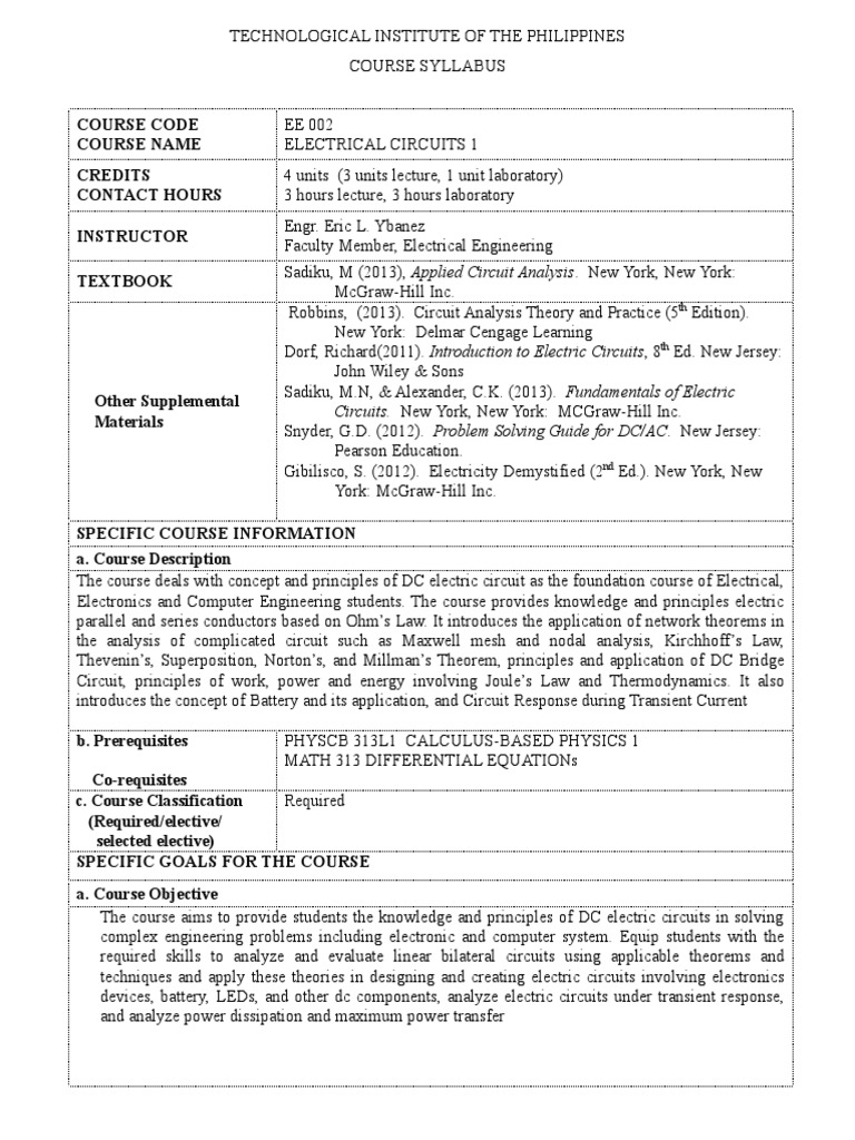 Electrical Circuits 1 Course Syllabus | PDF | Electrical Network ...