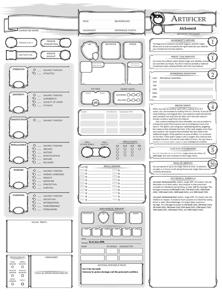 456029-Class Character Sheet Artificer-Alchemist V1.1 Fillable | PDF