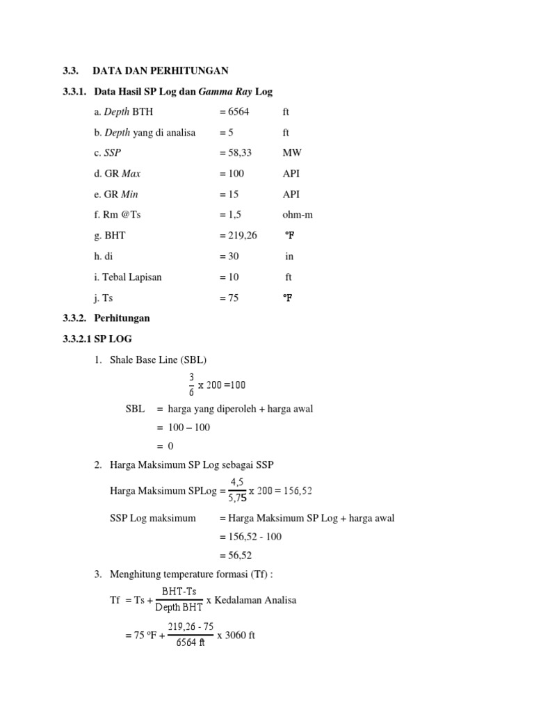 3.3. Data Dan Perhitungan 3.3.1. Data Hasil SP Log Dan Gamma Ray Log | PDF