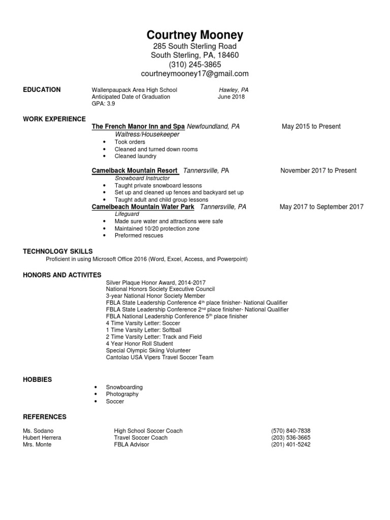 Courtney Mooney Resume PDF Sports Leisure