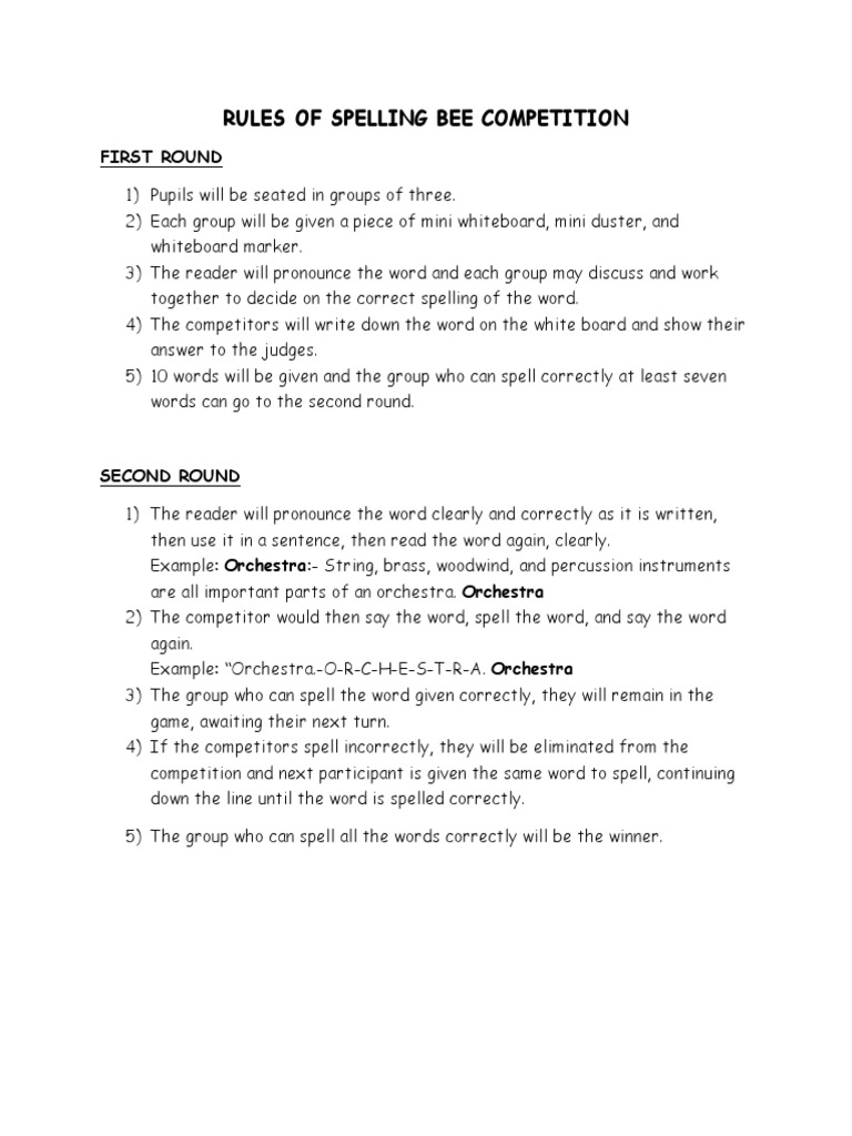 Rules of spelling bee competition orchestras linguistics