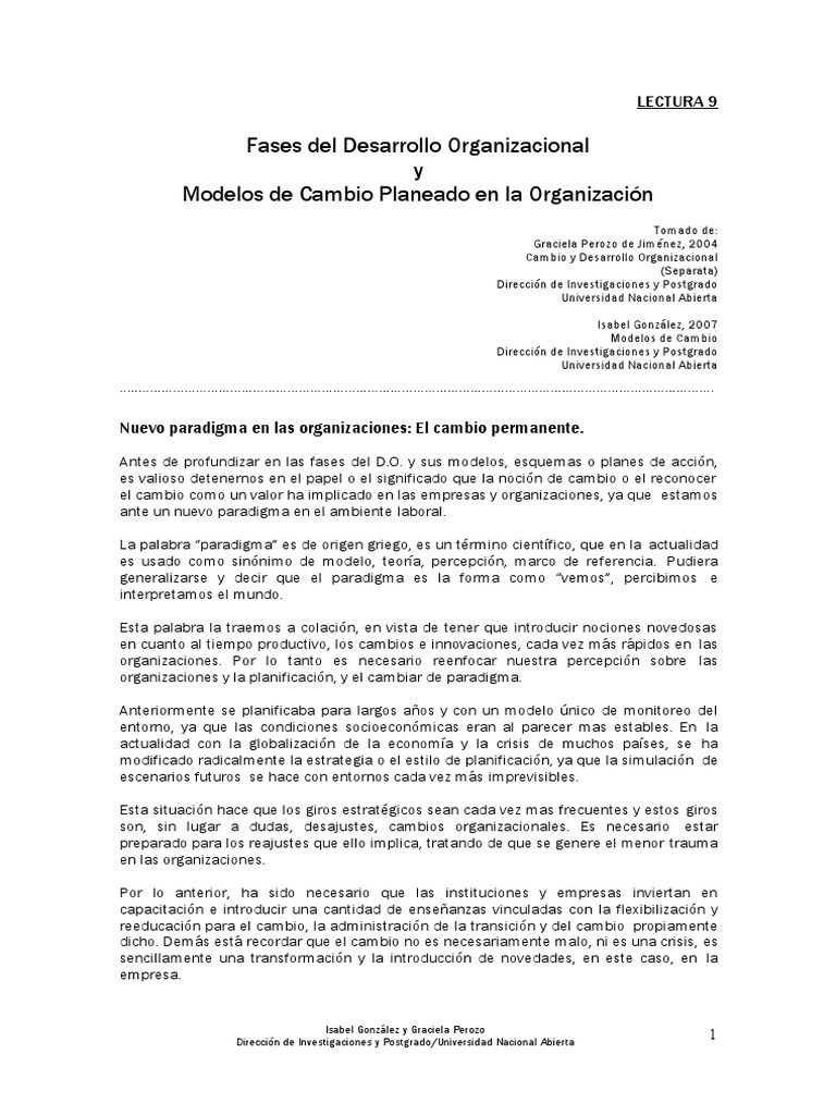 Fases Del Desarrollo Organizacional y Modelos de Cambios Planeado en La ...