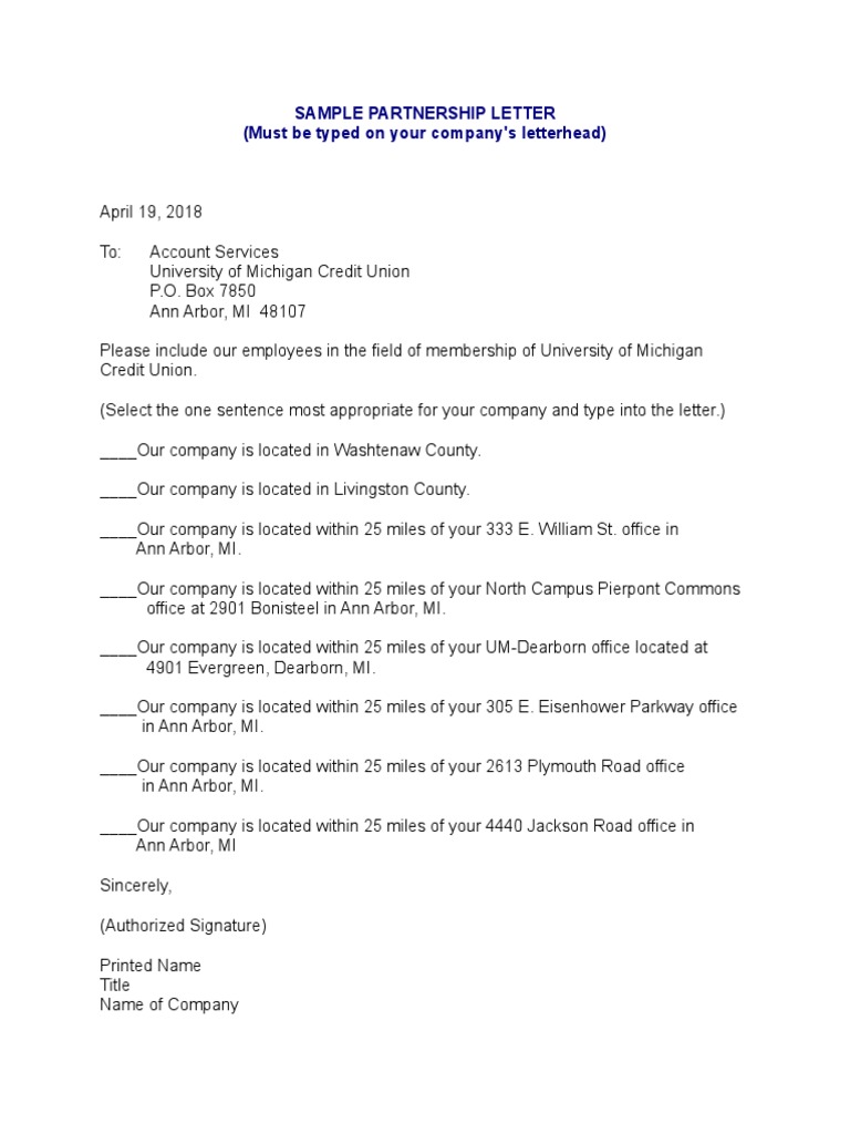 Partnership Letter Template for Credit Union | PDF | Michigan