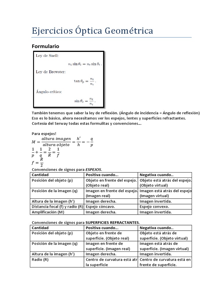 Ejercicios de Óptica Geométrica | PDF