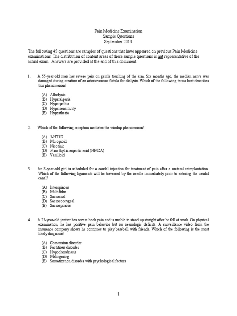 Pain Medicine Exam Sample Questions | PDF | Peripheral Neuropathy ...