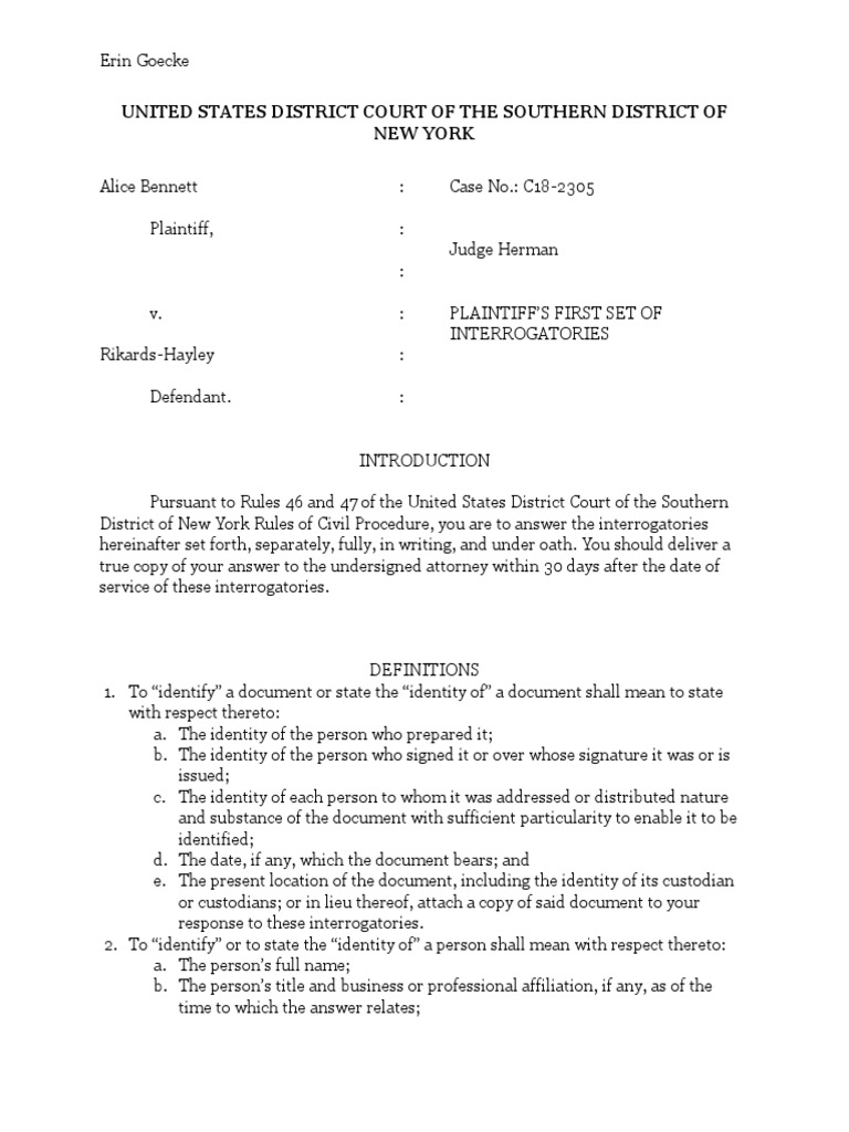 plaintiffs first set of interrogatories | Interrogatories | United ...